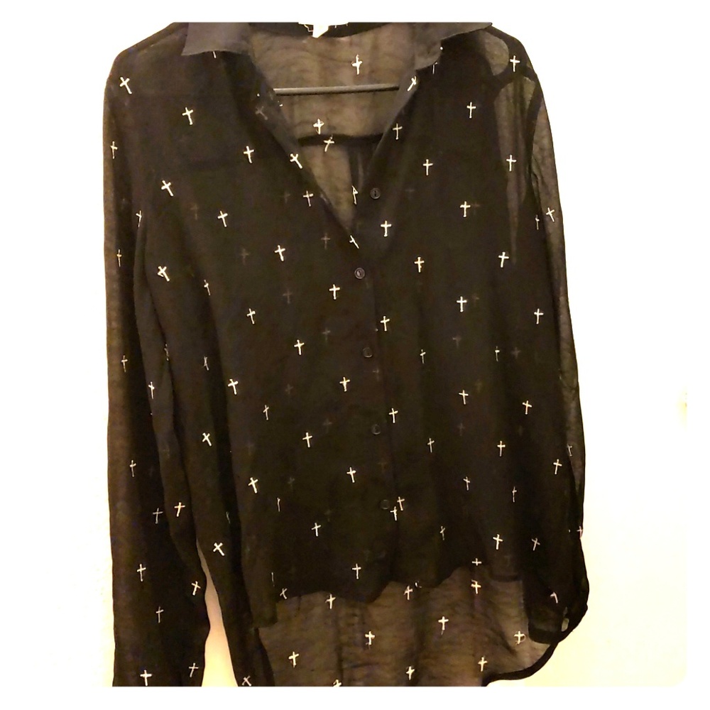 Sheer black top with gold crosses. Super cute